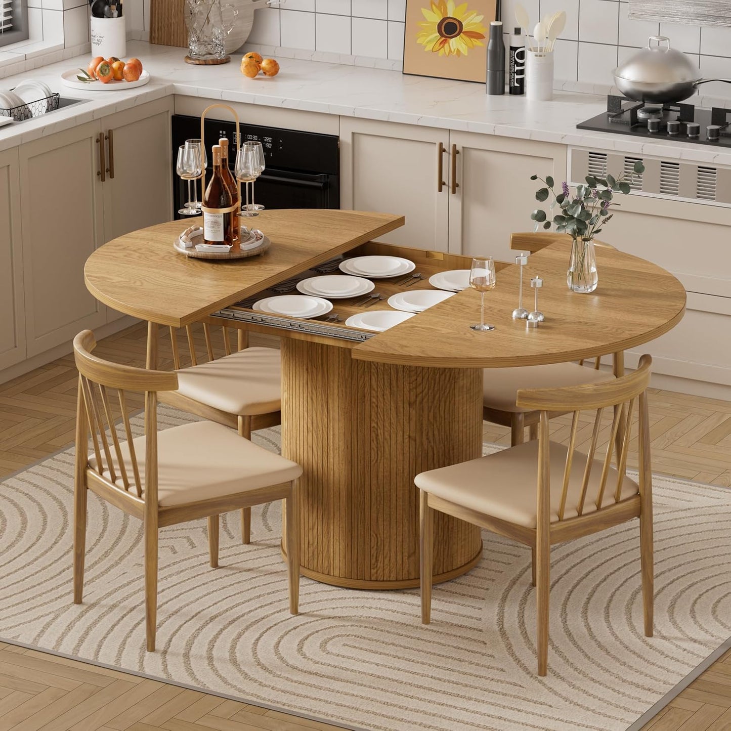 43.3''-59'' Extendable round Dining Table for 4, Modern Farmhouse Expandable Dining Table with Wood Strip Base for Kitchen Living Room,Natural