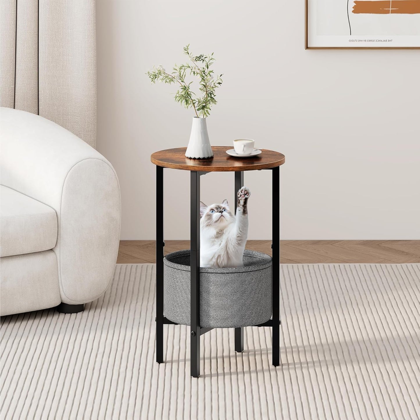 round Side Table End Table with Storage Basket, Small Side Table round Nightstand for Small Spaces, Tall Oval End Table with Steel Frame, Coffee Bedside Table for Living Room Bedroom, Greige
