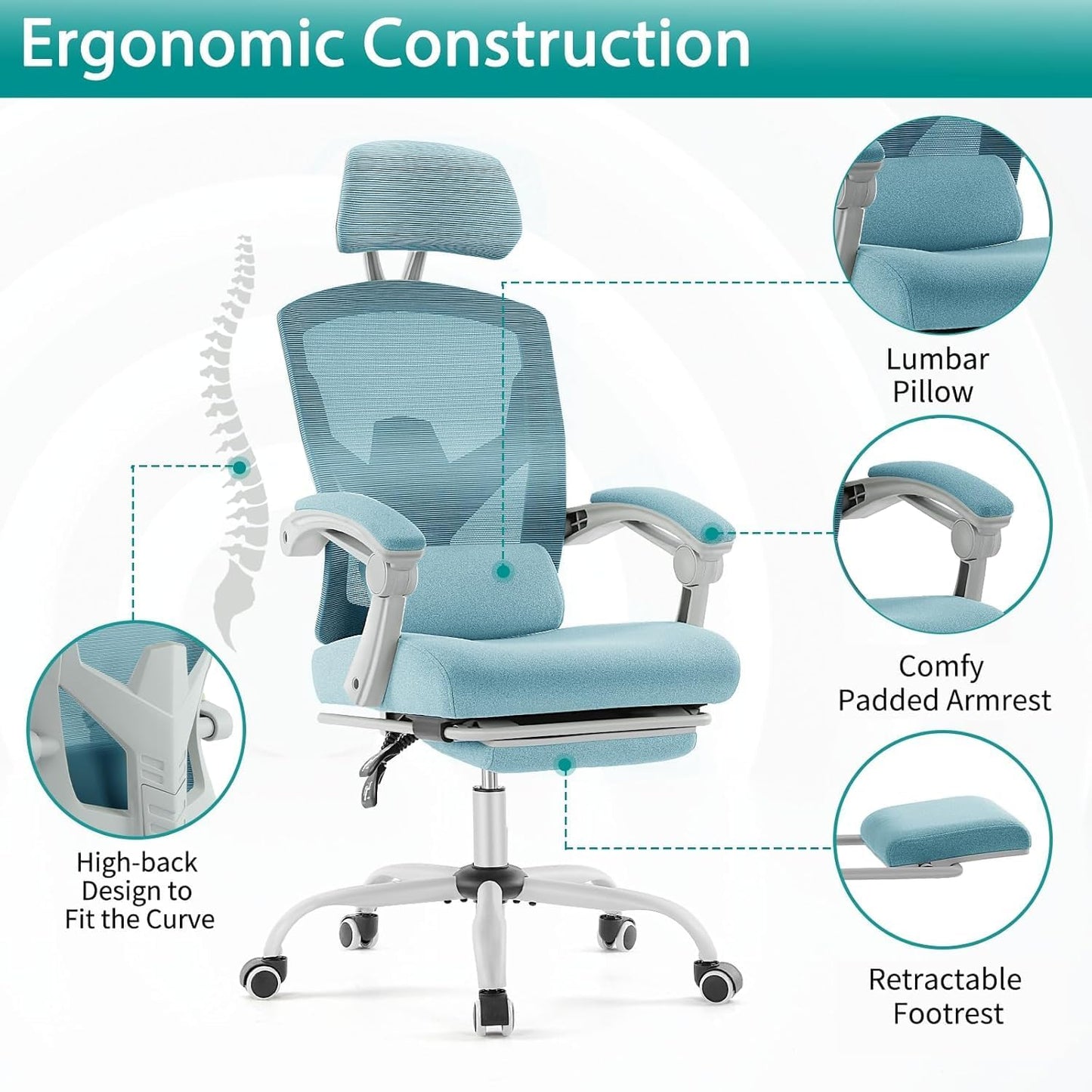 Home Office Desk Chair with Footrest, High-Back Mesh Rolling Swivel Reclining Chairs with Wheels, Comfortable Headrest, Lumbar Support, Comfy Arms