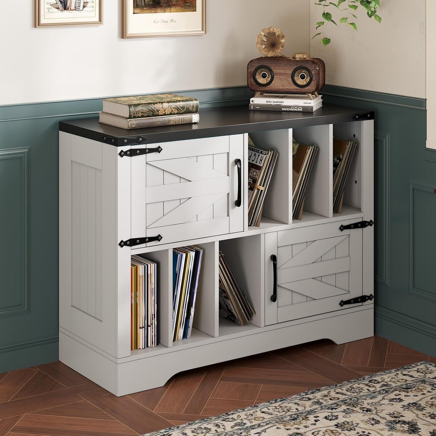 39" Large Record Player Stand with Vinyl Storage, Farmhouse Wood Vinyl Record Storage Cabinet with Barn Doors, Mid-Century Modern Turntable Stand for Living Room, White