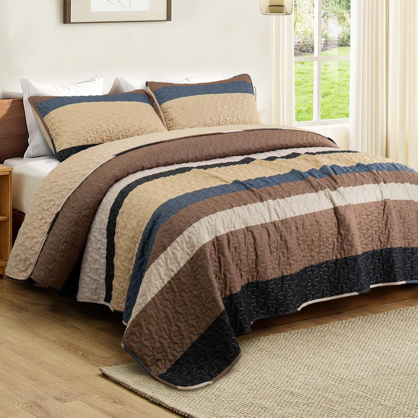 King Size Quilt Set - Reversible Camel Quilt King Size with 2 Pillow Shams, Lightweight Boho Striped Oversized Bedspreads Coverlet Bedding Set for All Seasons