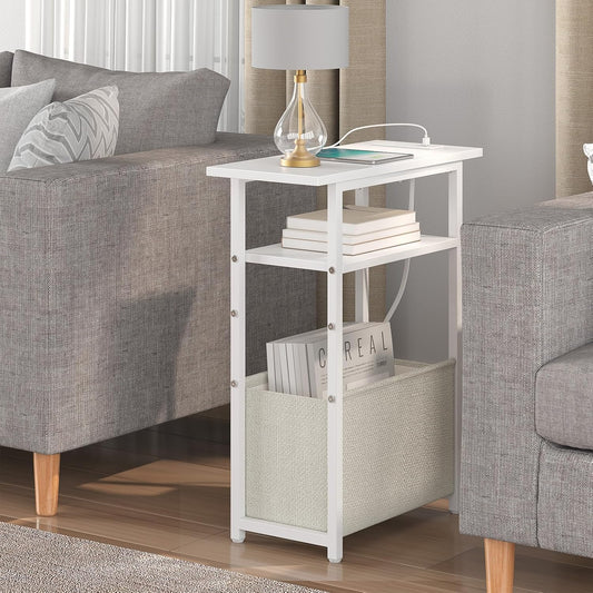 Narrow Side Table with Charging Station, Small End Table for Small Spaces, Skinny Nightstands with Storage Basket, 3 Tier Sofa Couch Bedside Tables for Living Room,Bedroom, White