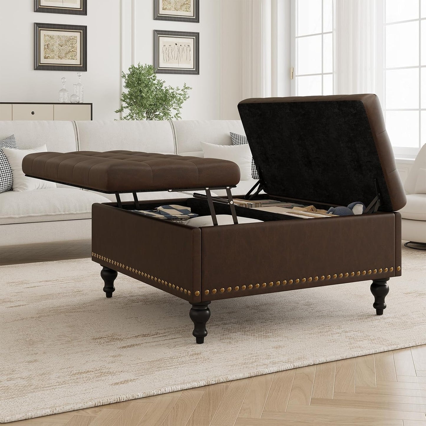 35 Inch Square Ottoman with Storage, Large Leather Ottoman Coffee Table, Lift-Top Leather Ottomans, Multi-Function Storage Bench and Foot Rest, Dark Brown