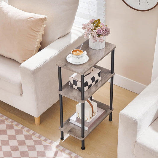 Narrow Side Table, 3-Tier Slim End Table No Tools Needed, Twist-On Assembly, Skinny Nightstand Sofa Storage Shelf for Living Room, Bedroom, Study, Greige and Black BG246BZ01