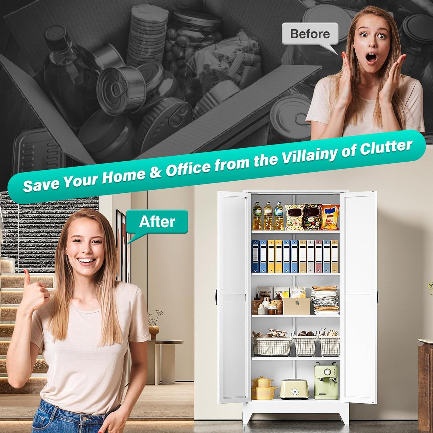 75" Tall Pantry Cabinet,Farmhouse Kitchen Pantry Storage Cabinets with 2 Doors and 5 Shelves,White Metal Storage Cabinet,Large Cupboard for Home,Kitchen,Dining/Living Room