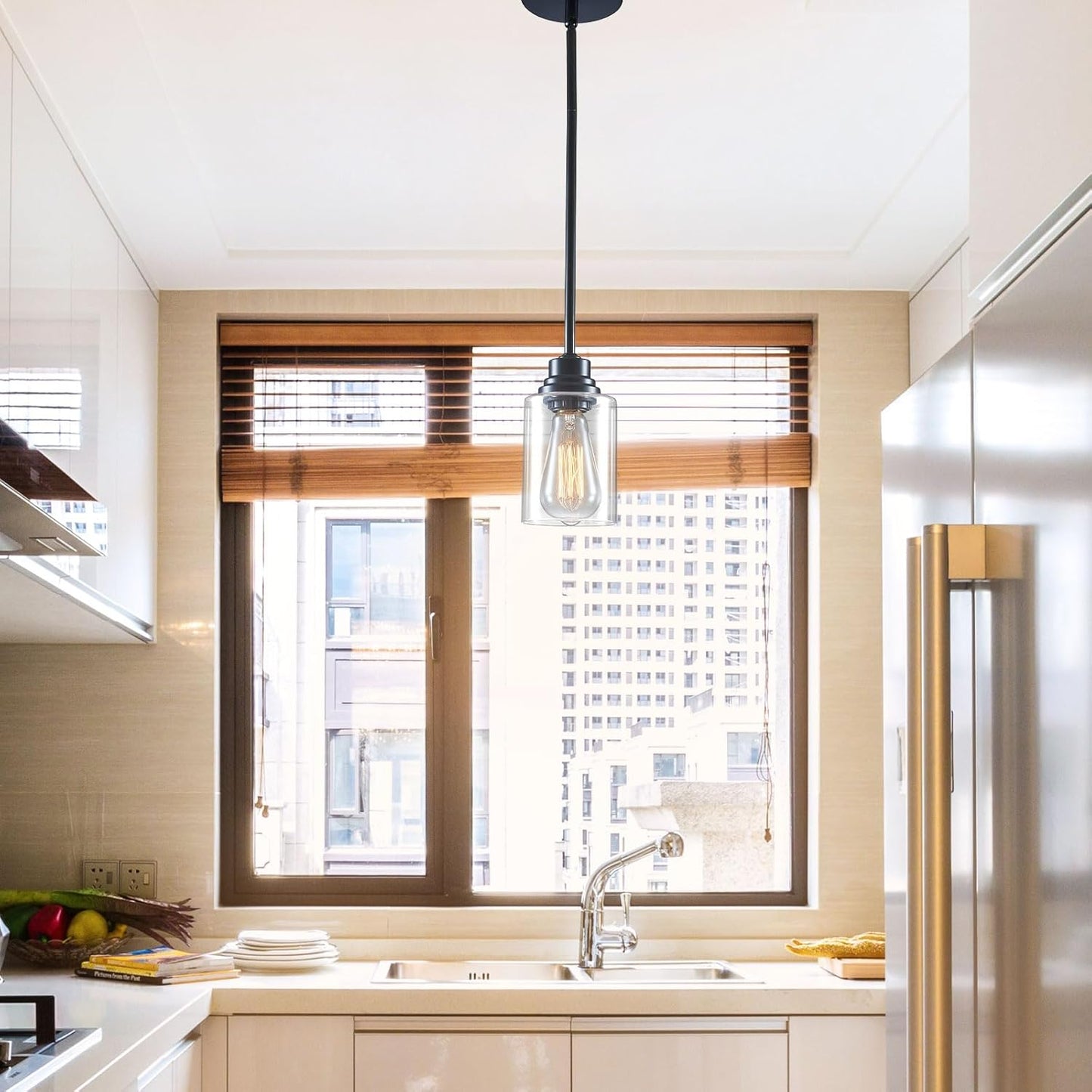 Modern Glass Pendant Lights Kitchen Island 2 Pack, Adjustable Height Black Pendant Lights - Hanging Lights for Bedroom, Dining Room, Living Room, Kitchen & Hallway