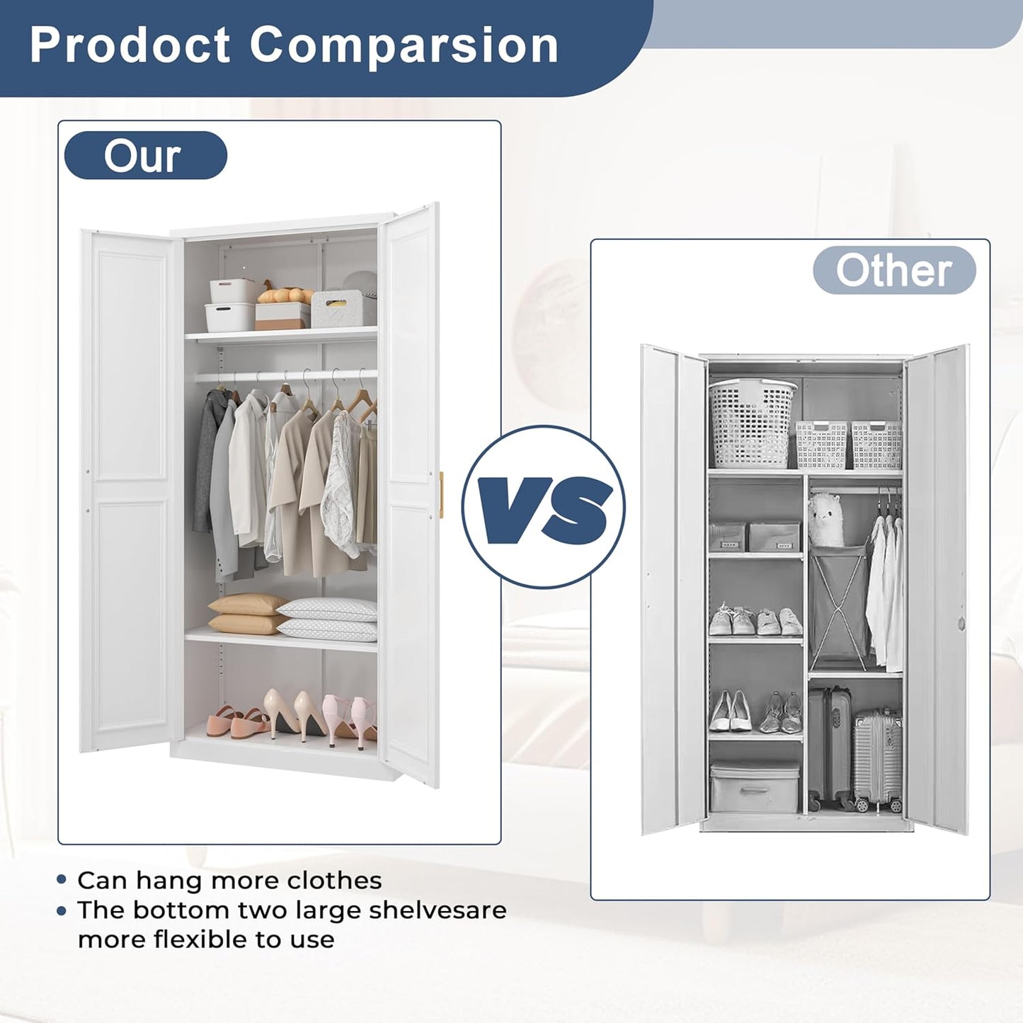 Metal Wardrobe Cabinets,Armoire Wardrobe Closet with Hanging Rod,Clothes Storage Cabinet with Adjustable Shelves and Doors, Clothing Cabinet for Bedroom, Office, Laundry Room