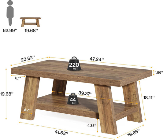 Farmhouse Coffee Table, 47.24" Rectangle Rustic Coffee Tables for Living Room, Long Wooden Center Tables with Storage Shelves for Apartment, Home Office (Brown)