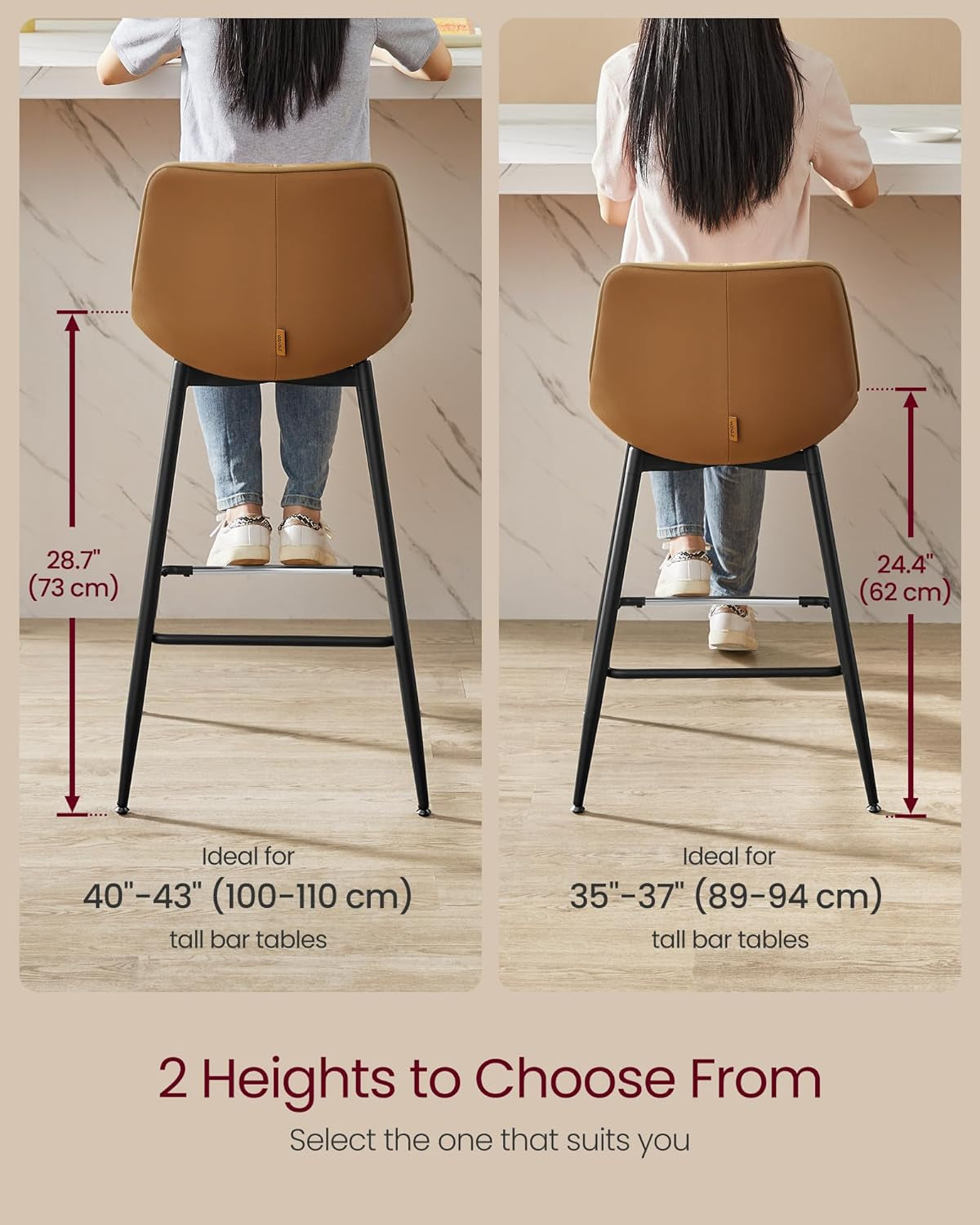 Bar Stools Set of 2, Counter Height Bar Stools with Back, Ergonomic Backrest, Synthetic Leather, Metal Legs, 24.4-Inch Tall Barstools for Kitchen Island Home Bar, Easy Assembly, Caramel Brown