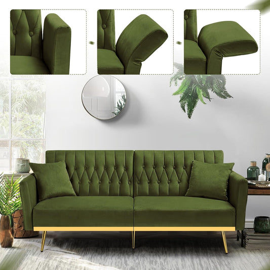 70” Velvet Futon Sofa Bed W/Adjustable Armrests & 2 Pillows, Convertible Futon Couch W/Adjustable Backrests, Modern Sleeper Bed for Living Room, Bedroom, Olive Green