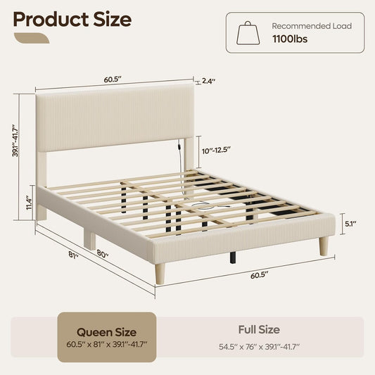 Queen Bed Frame with Adjustable Headboard, LED Lighting, Vertical Channel Tufted Corduroy Upholstered, Solid Wooden Slats Support, No Box Spring Needed, Never Squeaks, Easy Assembly, Beige