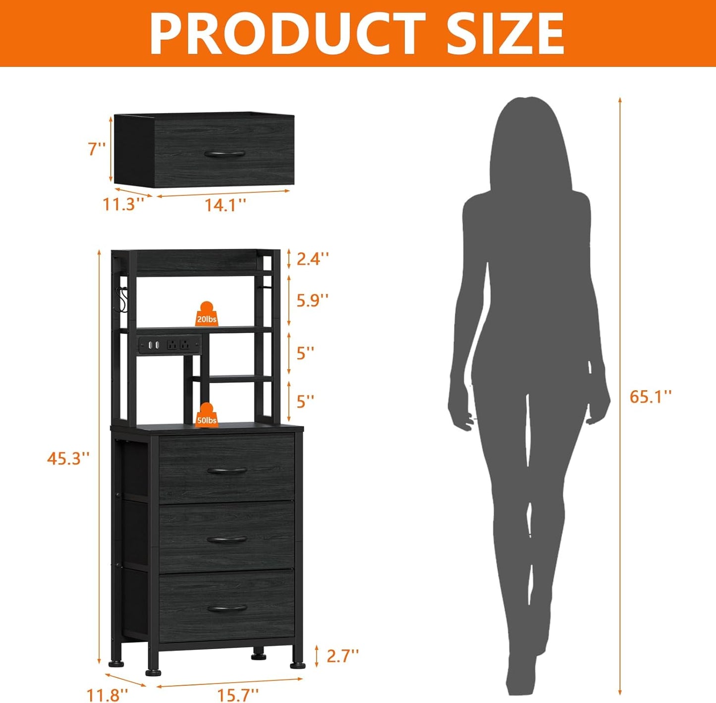 Tall Night Stand with 3 Fabric Drawers and LED Lights, Nightstand with Bookshelf, 45.3Inch Tall Bedside Tables with USB Ports in Bedroom, Dorm, Office,Metal Frame, Wood Shelves (Black Oak)
