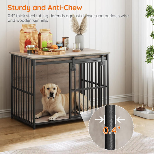 Dog Crate Furniture, 36.6" Heavy Duty Dog Kennel with Sliding Barn Door, Wooden Dog Cage Indoor, Decorative Side End Table for Small/Medium Dogs, Greige and Black GY162GW03G1