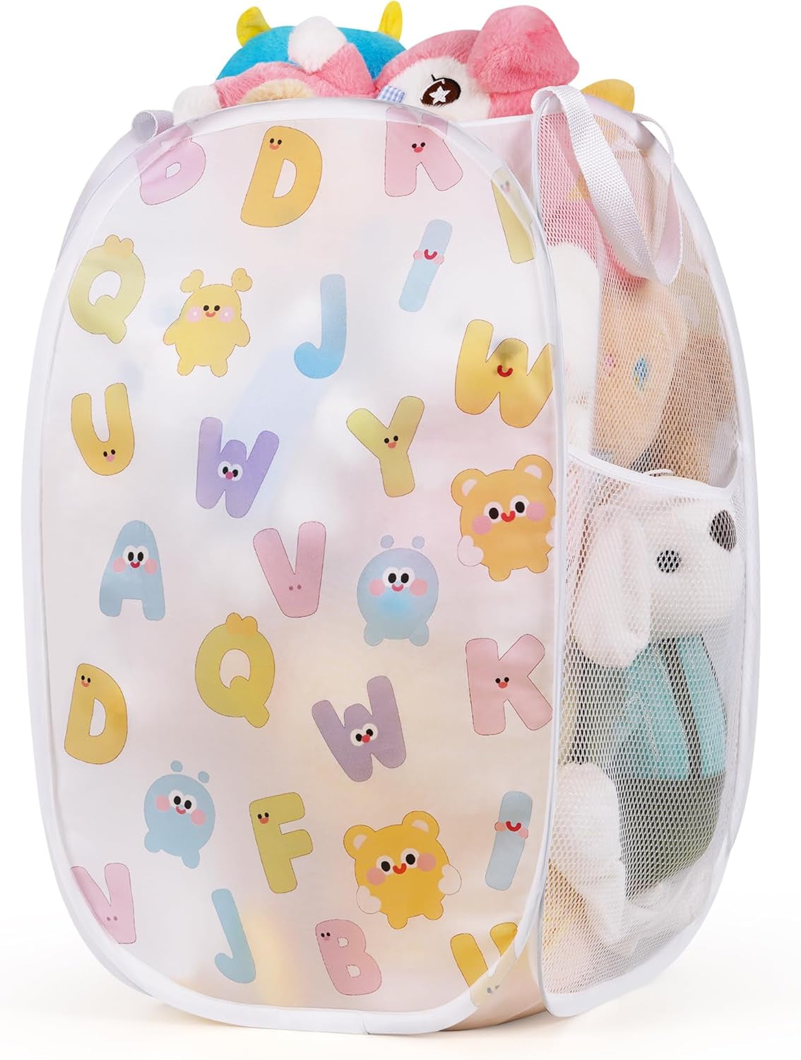 Collapsible Pop up Hamper for Baby Clothes or Toys Storage, Mesh Hamper with Handles & Side Pocket, Multi-Use Laundry Hamper & Toy Basket, Portable for Home, Travel, Dorm(White-Vertical)