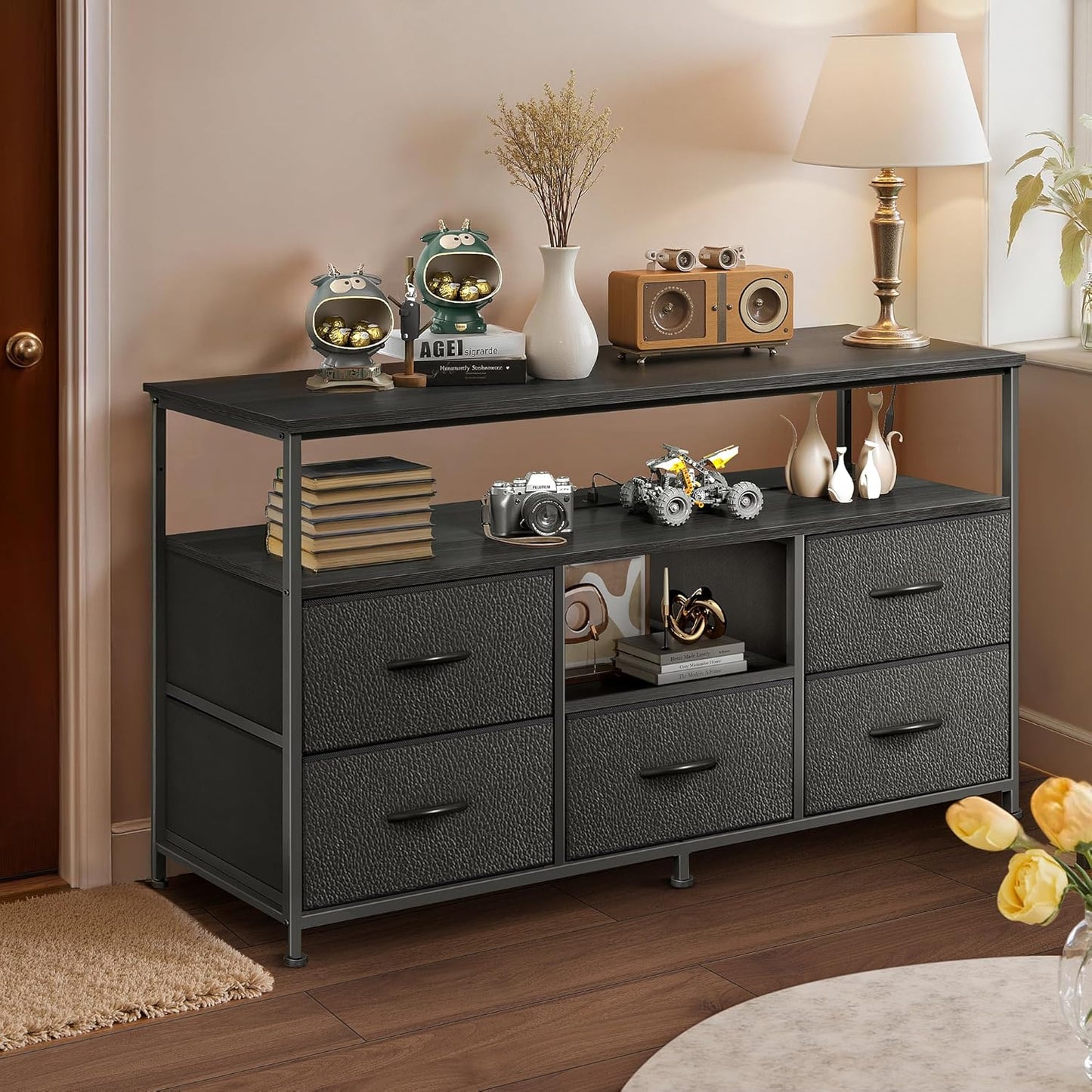 TV Stand for Bedroom, 47 Inch Dresser TV Stand for 43, 50, 55 Inch Tvs, 5 Drawers Entertainment Center with Storage, LED Lights & Power Outlets, Media TV Console Table for Living Room, Black