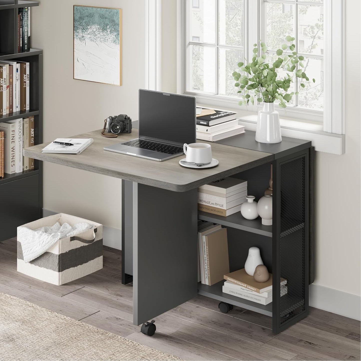 Folding Dining Table, Space Saving Farmhouse Dining Table for 4 Storage Shelf, 6 Wheels Multipose Expandable Kitchen Drop Leaf Table for Small Space (Carlo Grey, 50.1"D X 31.4"W X 29.5"H)