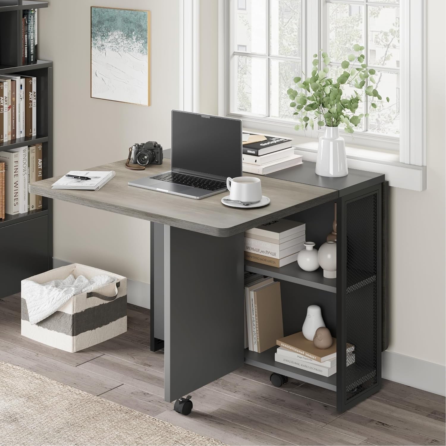 Folding Dining Table, Space Saving Farmhouse Dining Table for 4 Storage Shelf, 6 Wheels Multipose Expandable Kitchen Drop Leaf Table for Small Space (Carlo Grey, 50.1"D X 31.4"W X 29.5"H)