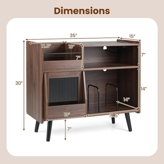 Large Record Player Stand with LED Light, Mid Century Modern Turntable Stand W/Sliding Door, Charging Station & Solid Wood Leg, Record Player Table, Vinyl Record Storage for Living Room, Brown