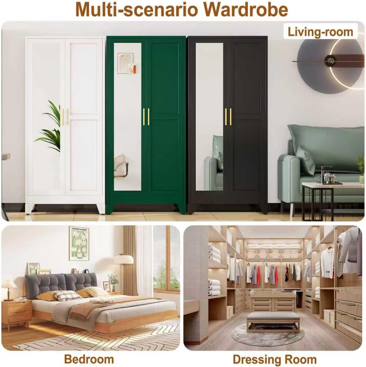 Metal Armoire Wardrobe Closet Storage Cabinet with Mirror Black, 71'' Wardrobe Cabinet with Hanging Rod Metal Closet with 2 Adjustable Shelves for Bedroom, Laundry Room, Cloak Room