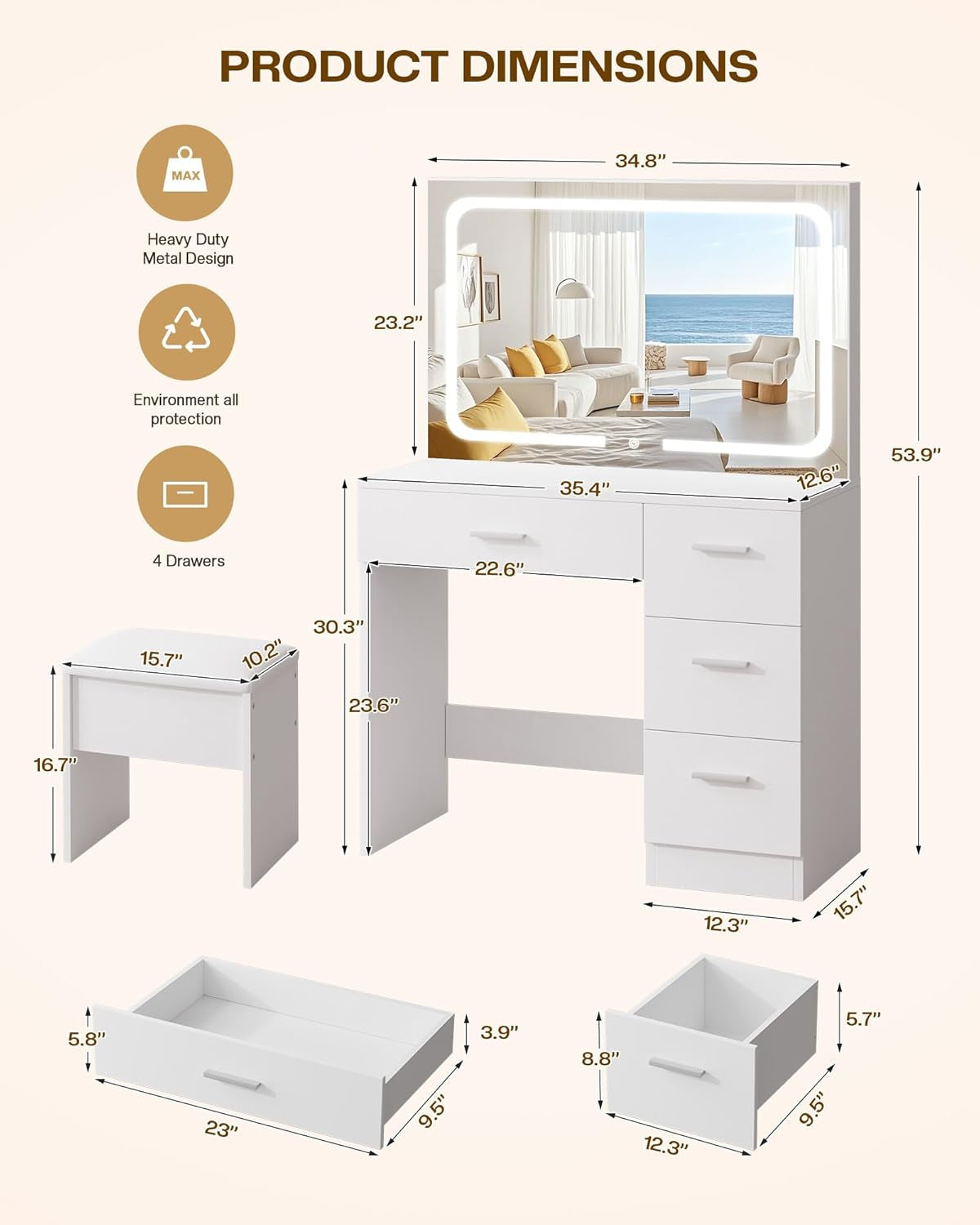 Vanity Desk with LED Mirror, Makeup Vanity with Drawer and Cushion Stool, Dressing Table for Bedrrom, White
