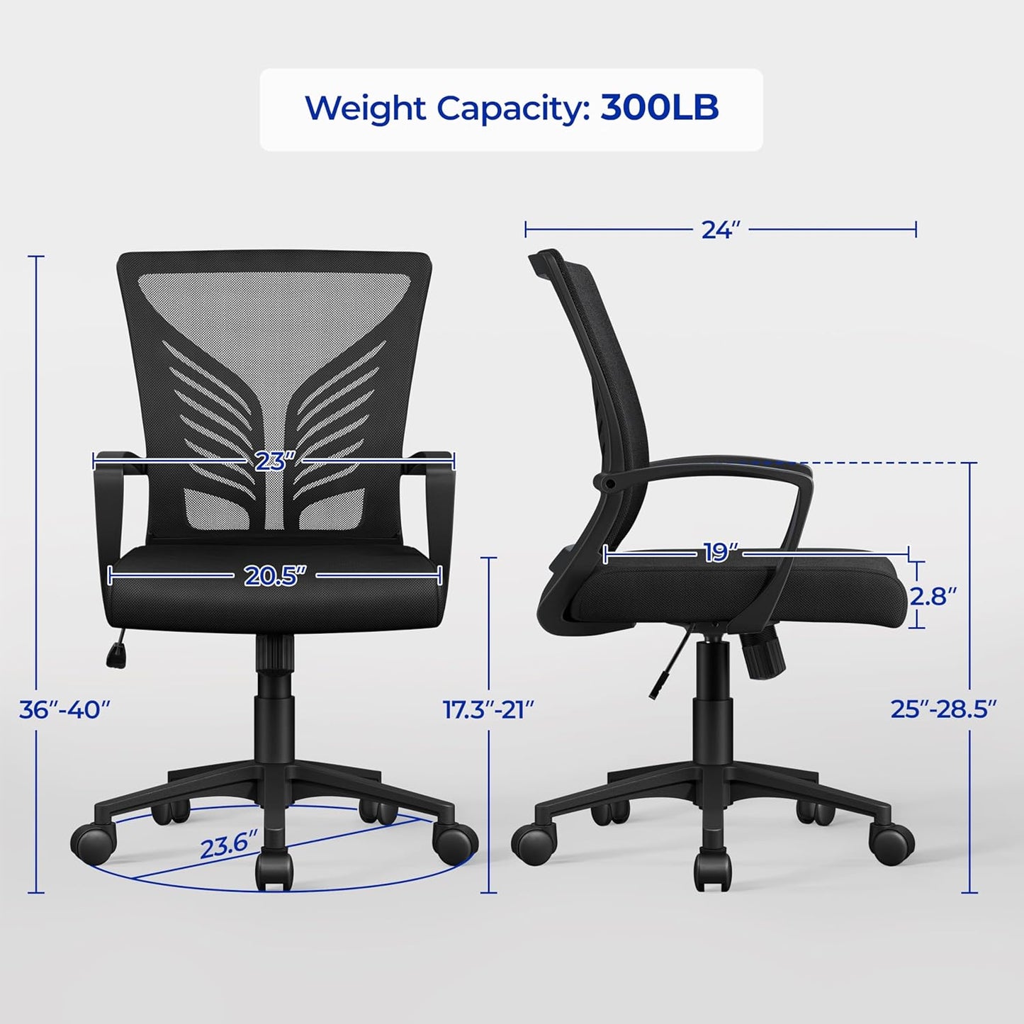 Mesh Office Chair Desk Computer Chair Ergonomic Mid Back with Lumbar Support Adjustable Height for Home Office, Black