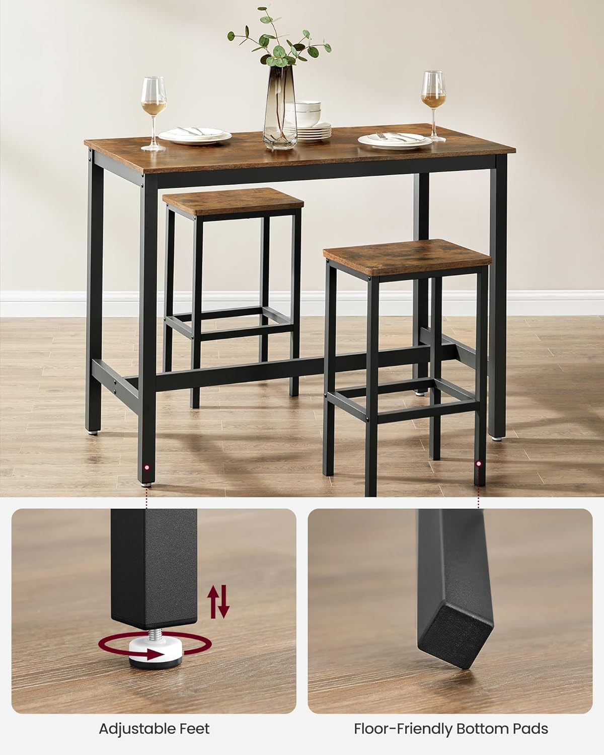 Bar Table Set, with 2 Bar Stools, Dining Table Set, Kitchen Counter with Bar Chairs, Industrial, Living Room, Party Room, Rustic Brown and Black ULBT15X