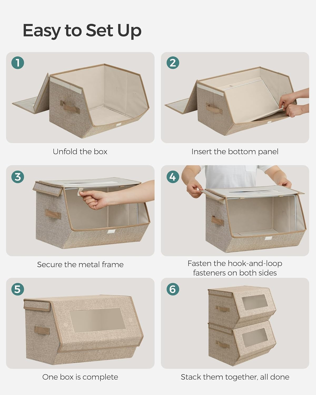 Stackable Storage Bins Set of 2, Storage Boxes with Lids and Front Windows, Non-Woven Fabric Closet Organizers with Magnetic Closures, Side Handles, Sand Beige URLB002Y01