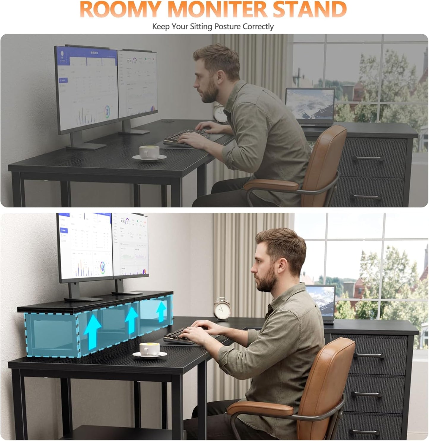 59 Inch L Shaped Computer Desk with Power Outlets, Home Office Desk with 4 Adjustable Storage Drawers & 2 Monitor Stands, Two Person Gaming Table for Bedroom, Black
