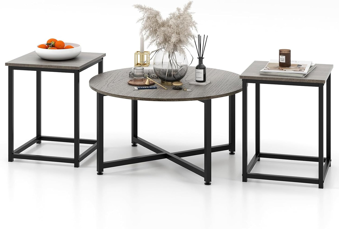 round Nesting Table Set of 3, Farmhouse Coffee Table W/2 End Tables, Sturdy Metal Frame, 3-Piece Wooden Living Room Table Set for Home Office, Apartment (Black Oak)