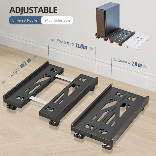 Adjustable Mobile CPU Stand, Ventilated Computer Tower Stand with 4 Caster Wheels Fits Most PC Tower, under Desk CPU Holder PC Floor Cart Computer Riser for Students and Gamers (Black)