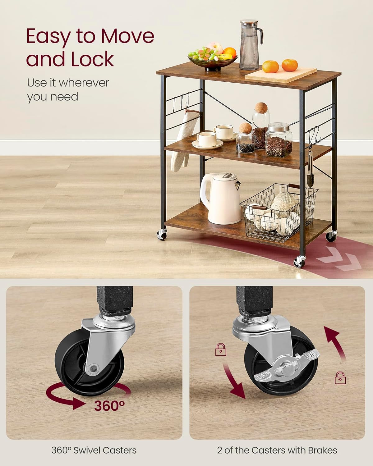 Kitchen Shelf on Wheels, Serving Cart with 3 Shelves, Kitchen Cart, Microwave Shelf, for Mini Oven, Toaster, with 6 Hooks, Industrial Style, Rustic Brown and Black UKKS067K01