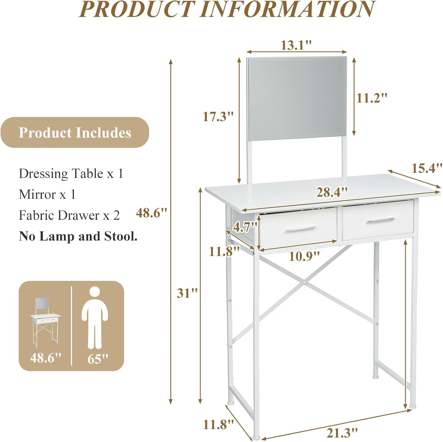 Small Vanity Desk with Mirror and Drawers, White Makeup Vanity Table with Storage, Compact Vanity for Bedroom, Modern Makeup Desk for Girls, Space-Saving Vanity Table