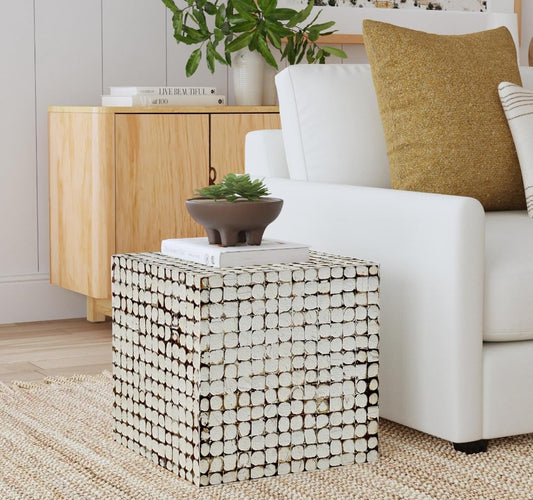 round Side Table - Real Coconut Shell Mosaic Inlaid, Pre-Assembled, Natural Wood and Patina Finish (White/Square)