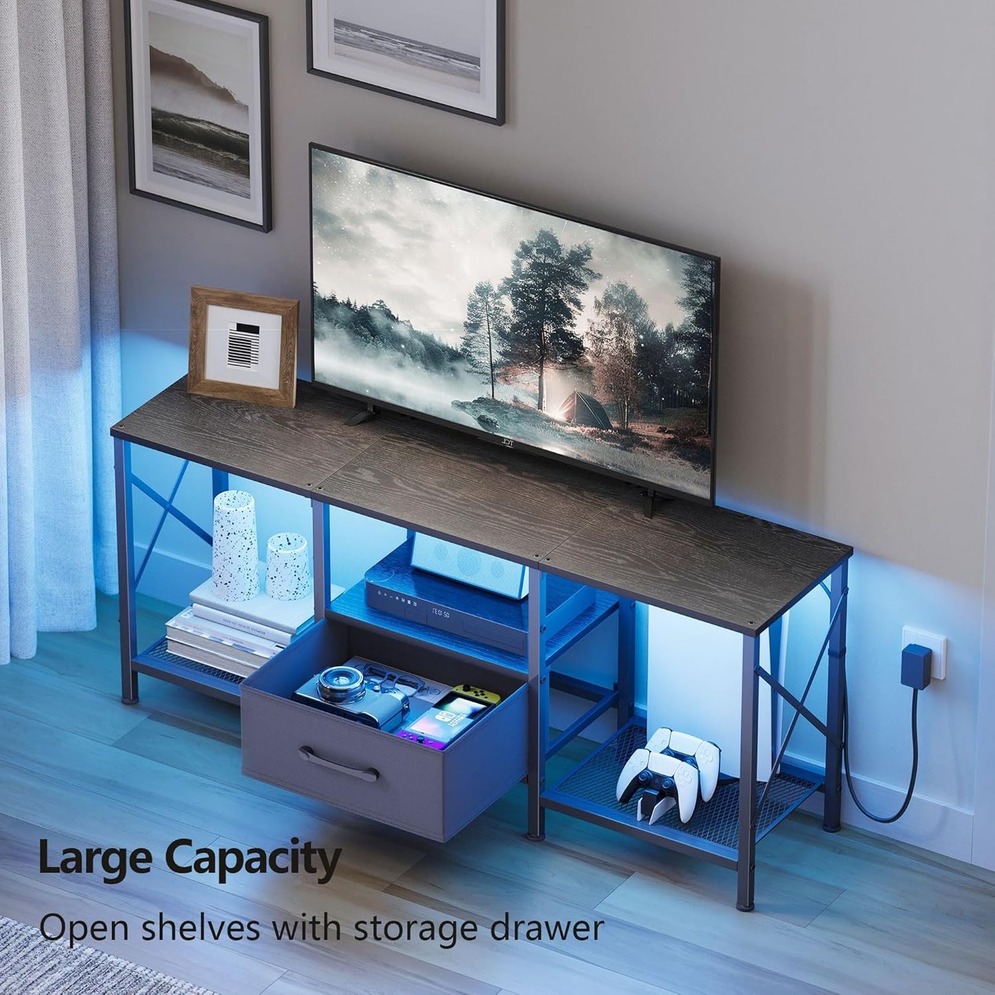 LED TV Stand with Fabric Drawer, Entertainment Center for 50 55 Inch TV, Industrial TV Console Table with Open Storage Shelves for Living Room, Bedroom, Black