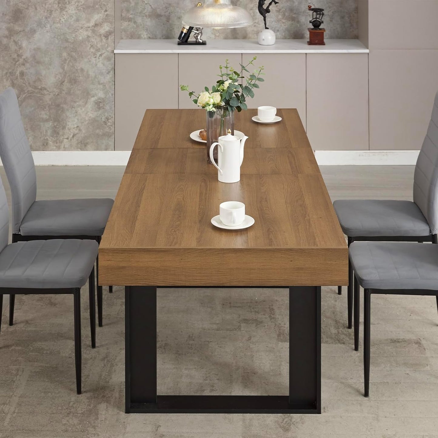63”-79” Extendable Dining Room Table, Modern Farmhouse Wooden Kitchen Table, Long Expandable Dining Table for 6 8 10, Large Expanding Tables Conference Tables (Walnut Brown)