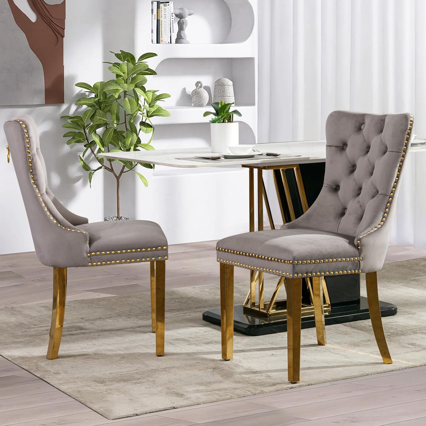 Velvet Dining Chair Set of 4, Upholstered Tufted Dining Room Chair with Nailhead Trim and Solid Gold Plated Leg for Kitchen (Grey)
