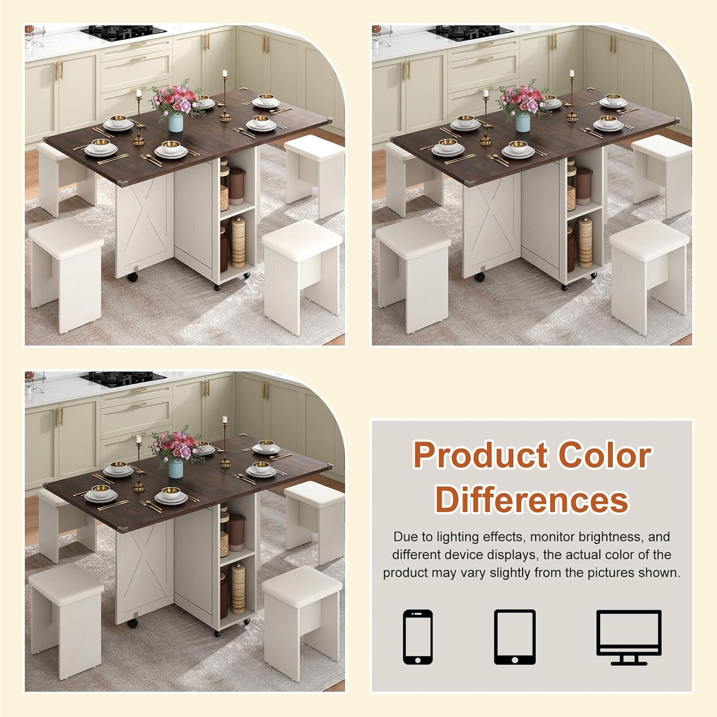 5 PCS Farmhouse Dining Table Set for 4,60" Large Folding Dining Table Set W/ 4 Leather Chairs, Drop Leaf Foldable Kitchen Table for Small Spaces,Barn Door Design,6 Wheels,2-Layer Storage Shelf,Brown