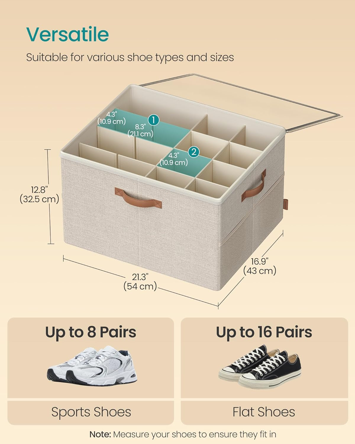 Shoe Organizer for Closet, Shoe Storage Bin, Fits 16 Pairs, Fabric Container with Handles and Clear Cover, Adjustable Dividers, Customizable, Cappuccino Beige ULSP555K01