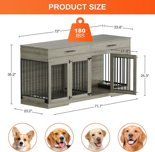 72" Dog Crate Furniture for 2 Dogs, Large Double Dog Kennel Indoor Furniture with 2 Storage Drawers and Removable Divider, Wooden Dog Cage with 4 Bowls, Dog House TV Stand for Medium Dog, Grey