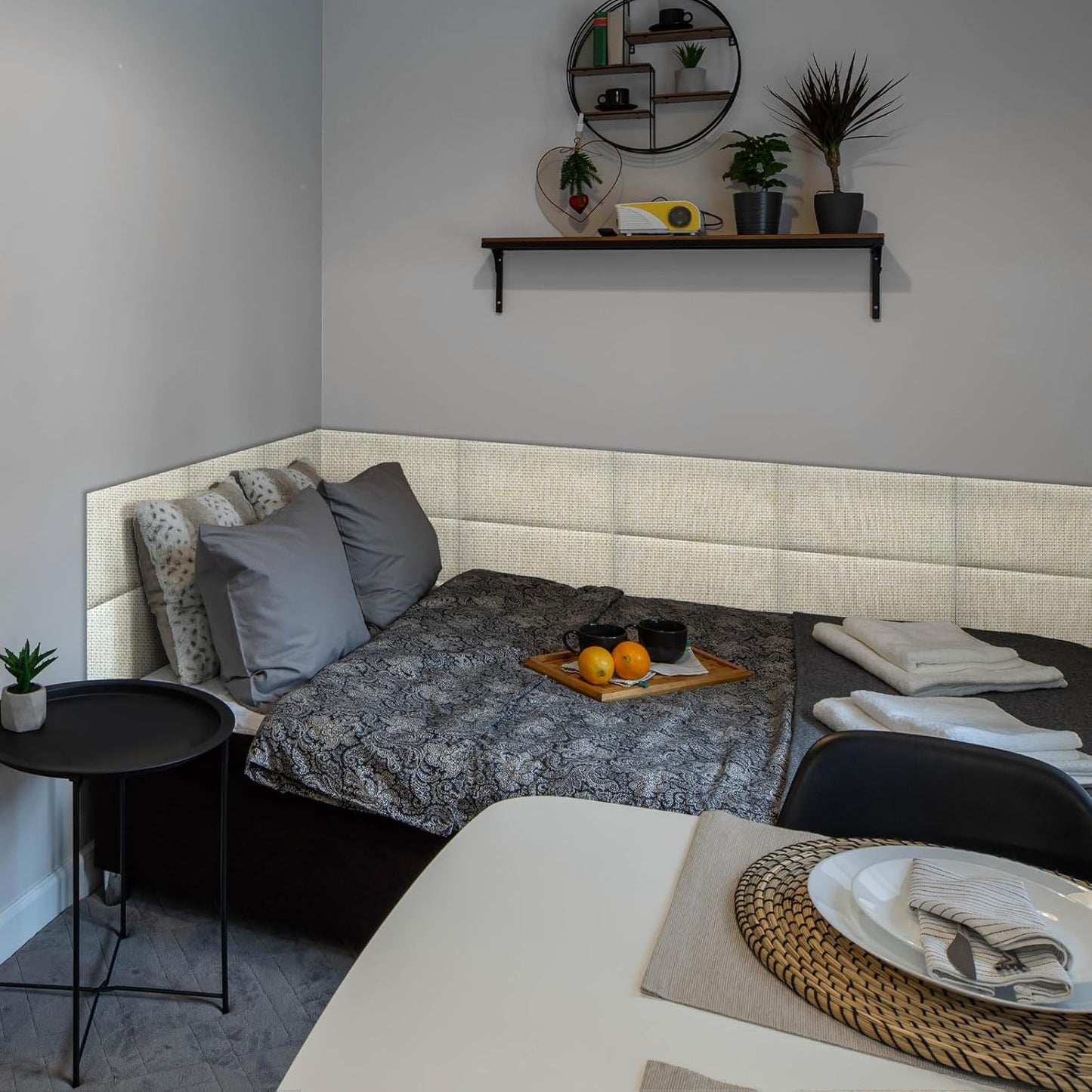 4 Piece Linen Fabric Peel and Stick Headboard, Upholstered Wall Mounted Headboard for Twin, 3D Anti-Collision Soundproof Self-Adhesive Wall Panel for Bedroom 16.53" X 9.84"