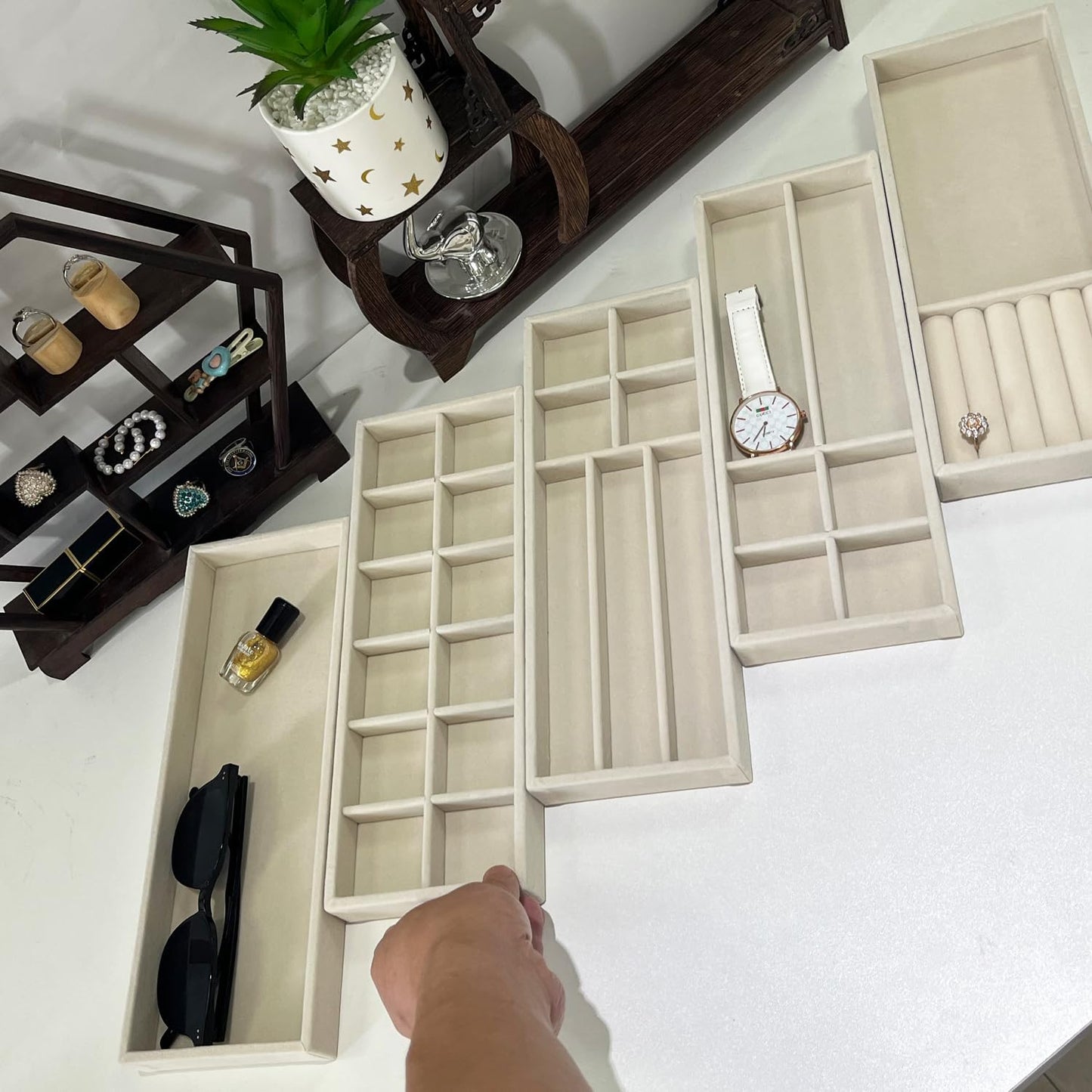 2Pcs Desk Drawer Storage Tray, Nightstand Organizer, Jewelry Display for Necklace, Bracelet, Ring, Earring, Grid Table Organizer Holder for Sunglass, Phone, Watch, Perfume (1 Grid)/Beige