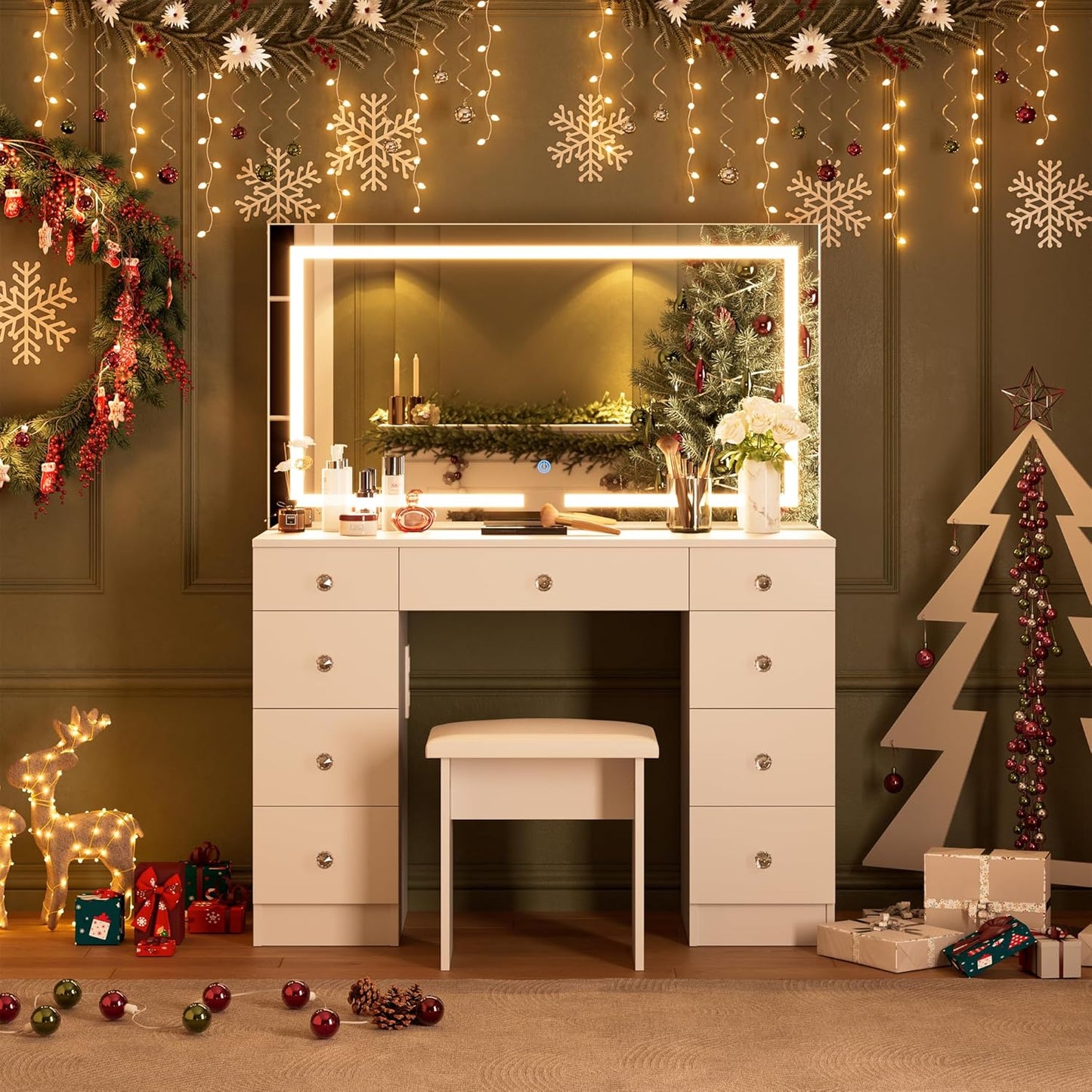 Vanity with Mirror and Lights - Vanity Desk with Power Outlet and 9 Drawers, 3 Color Lighting Modes, Adjustable Brightness, Makeup Vanity with Soft Cushioned Stool for Bedroom, White 43“L