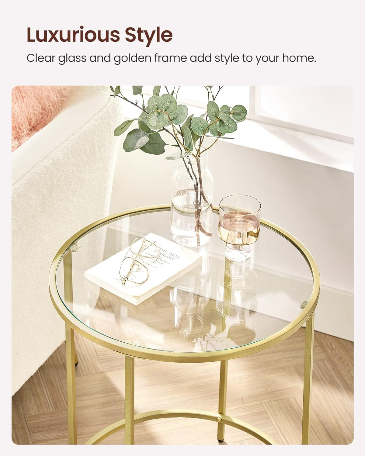 round Side Table, Glass End Table with Metal Frame, Black Coffee Table with Modern Style, for Living Room, Balcony, Bedroom, Black