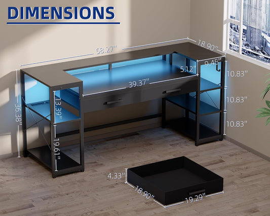 58 Inch Computer Desk with Monitor Stand and Shelves Gaming Desk with LED Lights & Power Outlets PC Vanity Table with 2 Drawers for Home Office Black