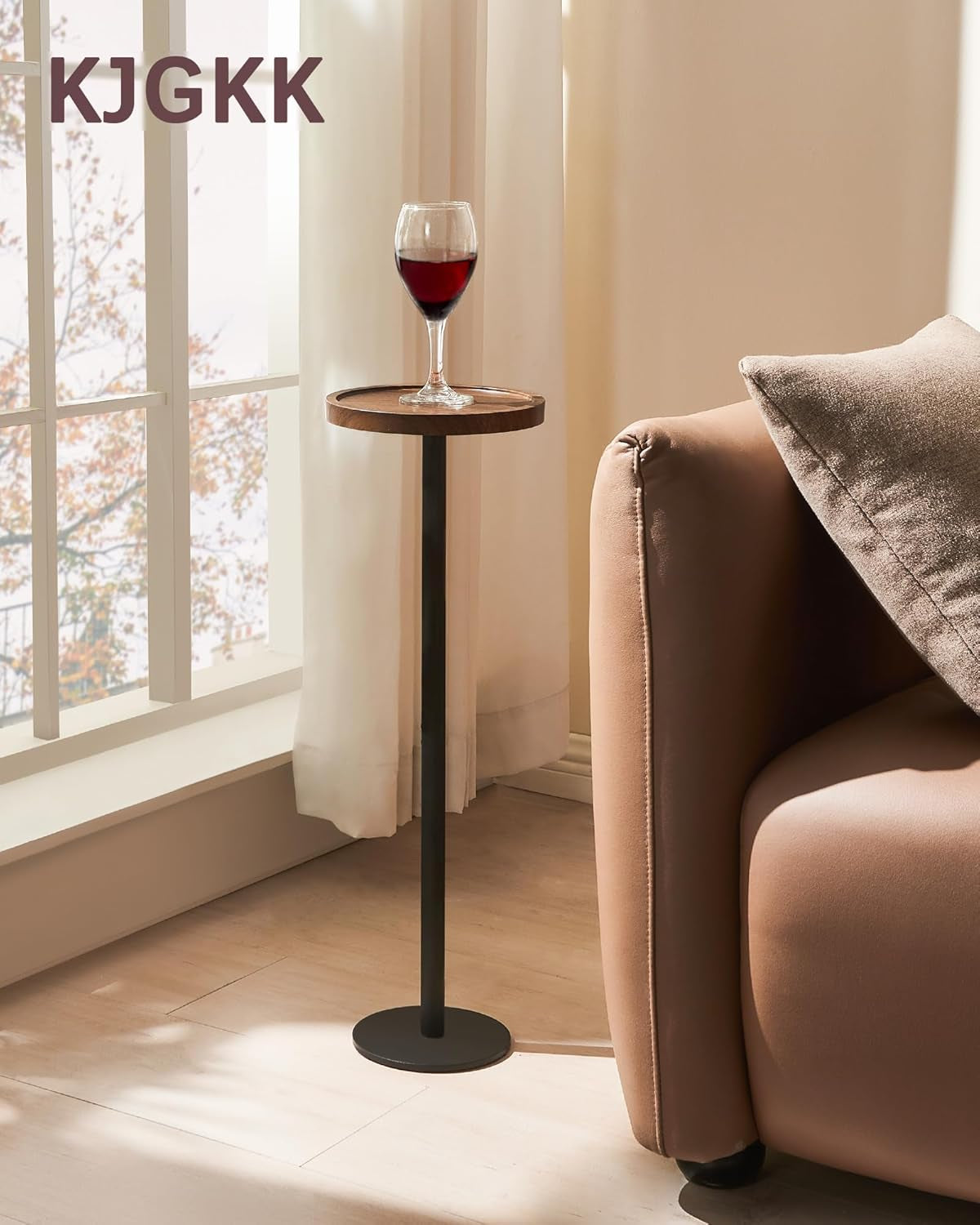 Drink Table, Small Pedestal Side Table, round Cocktail Table, End Table with Metal Base, for Small Spaces, Walnut Brown