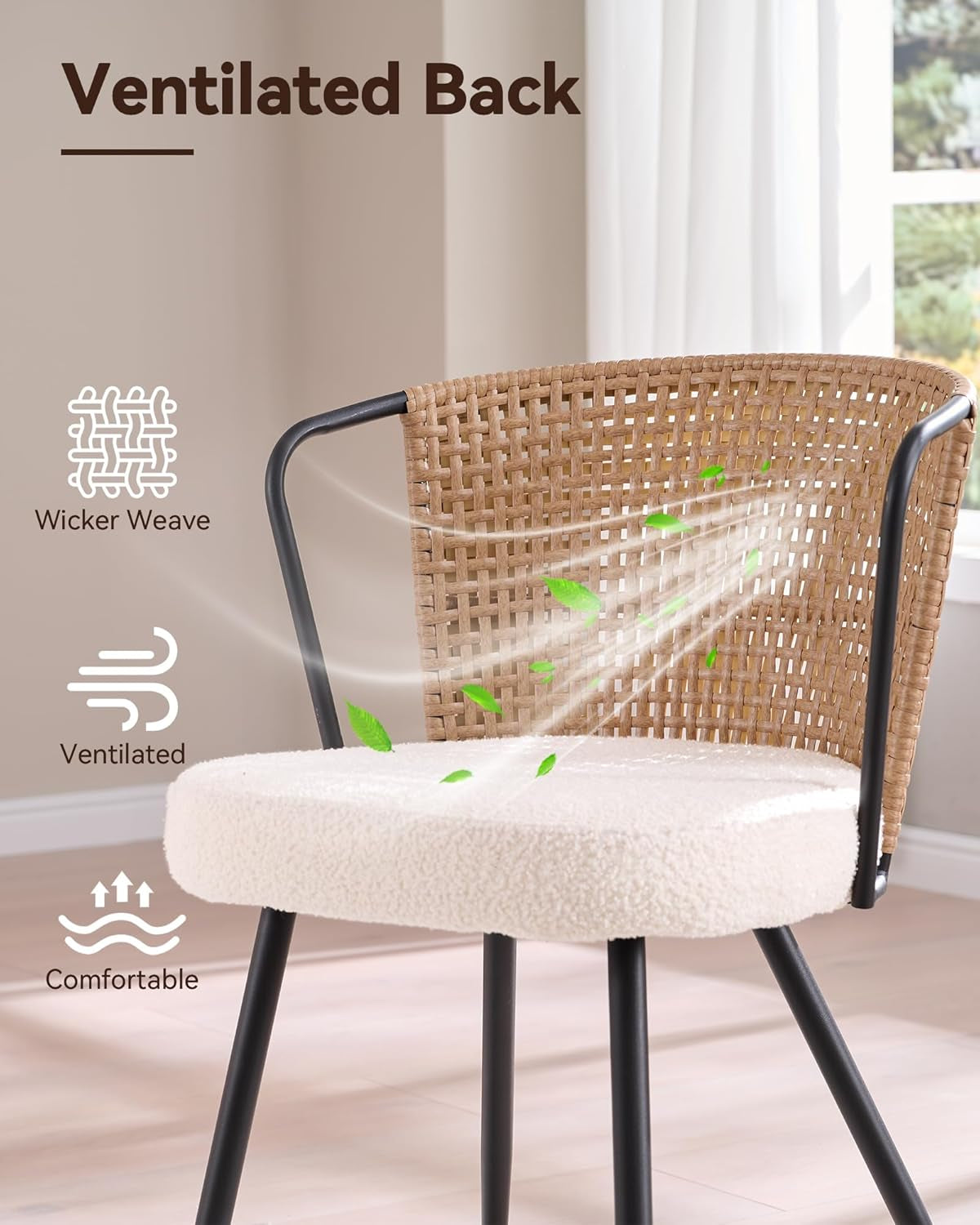 Rattan Dining Chairs Set of 4 - Farmhouse Upholstered Cane Back Kitchen Chair with Boucle Cushion, Wingback Dining Room Seat with Metal Legs for Home, Kitchen (Brown)