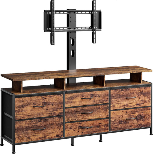 TV Stand with Mount, 63" Entertainment Center for 32/45/55/60/65/70 Inch Tvs, Media Console Table with 7 Drawers, Height Adjustable Mount, Dresser TV Stand for Living Room, Rustic Brown