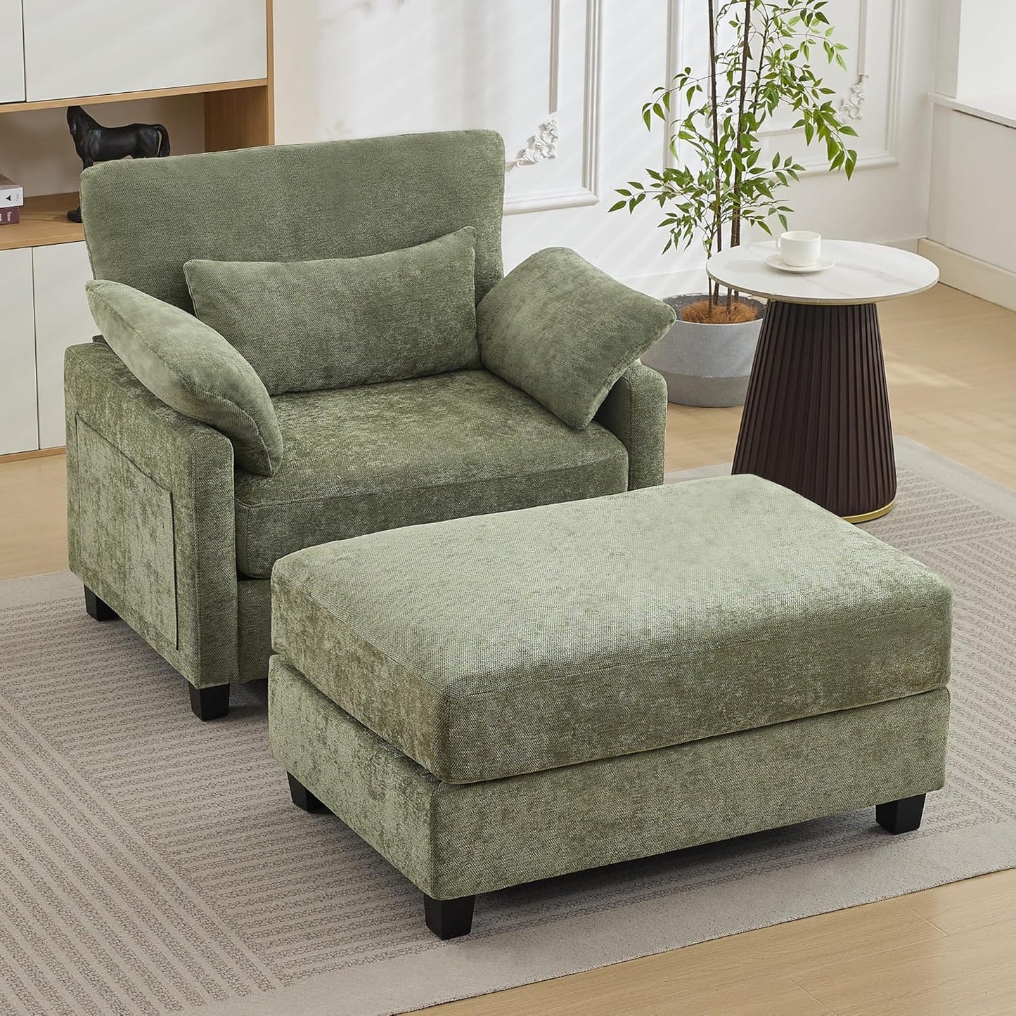 57.5" Oversized Chaise Lounge with Ottoman Indoor, Oversized Reading Chair with Ottoman & Sofa Bed, Green Chenille Upholstered Comfy Sleeper Chair for Living Room, Bedroom, Office