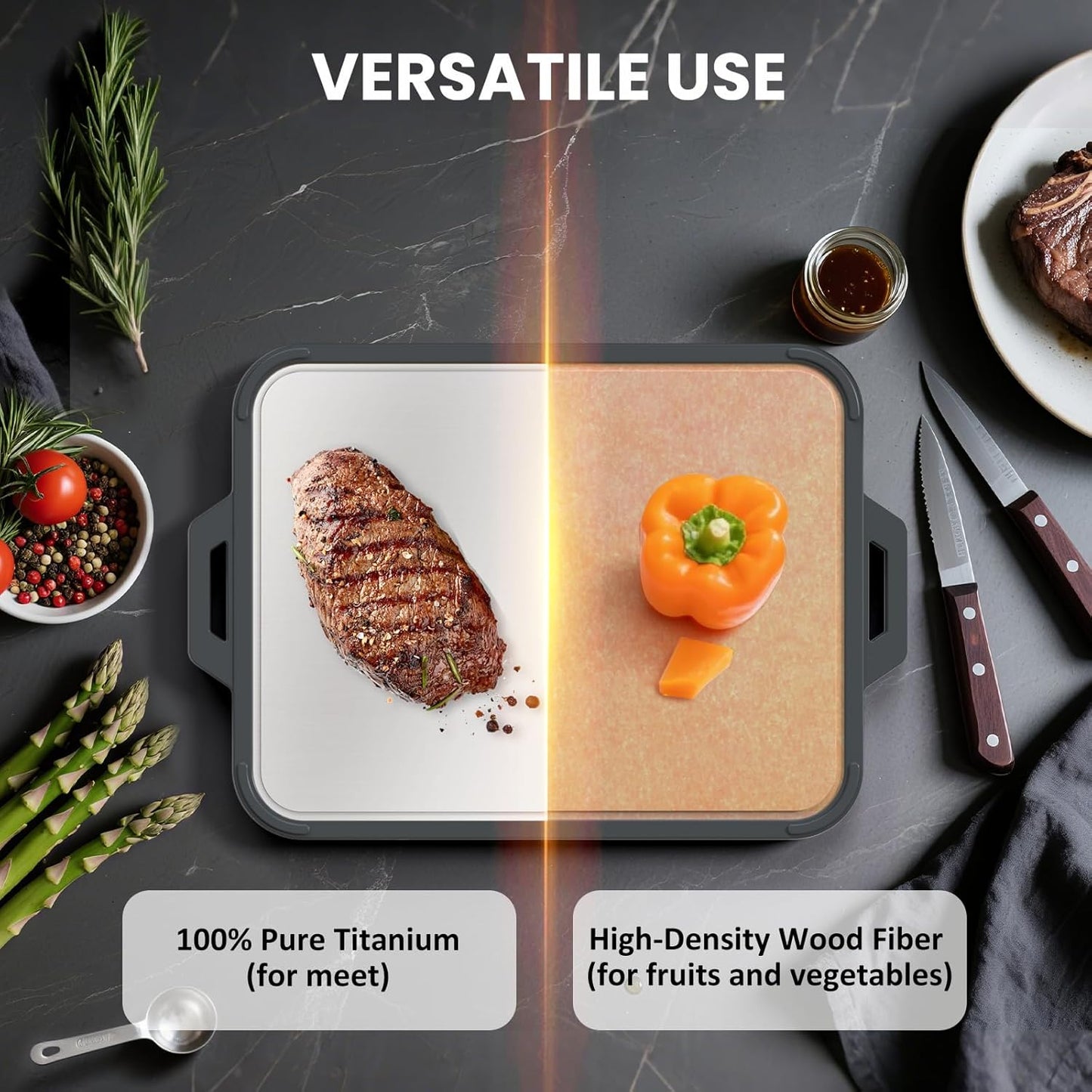 Titanium Cutting Board for Kitchen, Double Sided Pure Titanium and Wood Fiber Cutting Board with Juice Groove, Food Grade Material, for Chopping Meat/Vegetables/Fruit Dishwasher Safe 16"×11"