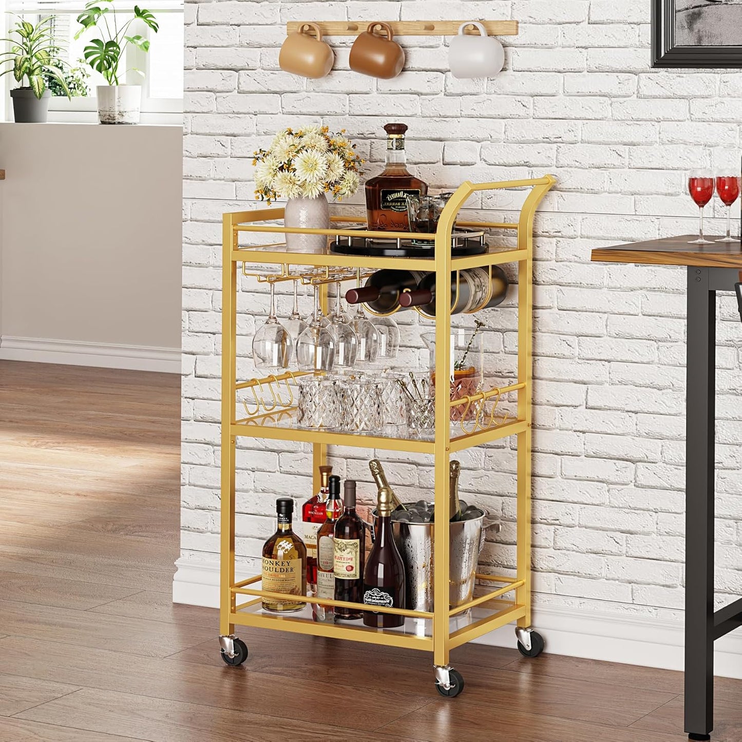Bar Cart, Home Bar Serving Cart with 3-Tier Mirrored Shelf, Wine Cart, Mobile Kitchen Shelf, Gold BC01BB034
